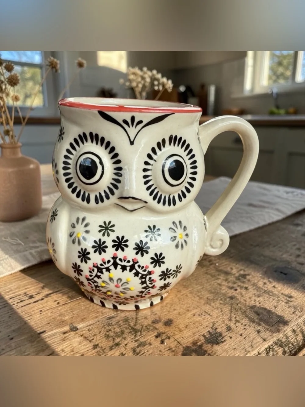 NATURE’S HOME CERAMIC OWL MUG – HAND-PAINTED FOLK FLORAL DESIGN